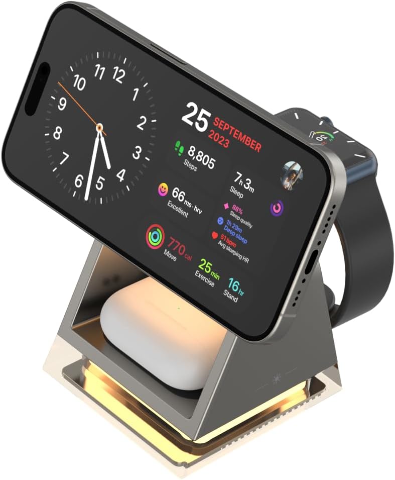 3 in-1 Wireless Charger Phone Charging Station Magnetic Charging Stand Dock Fast Travel Charger for Multiple Devices Adapt with Phone, iWatch, AirPods 3/2, Samsung Buds(Adapter Included)