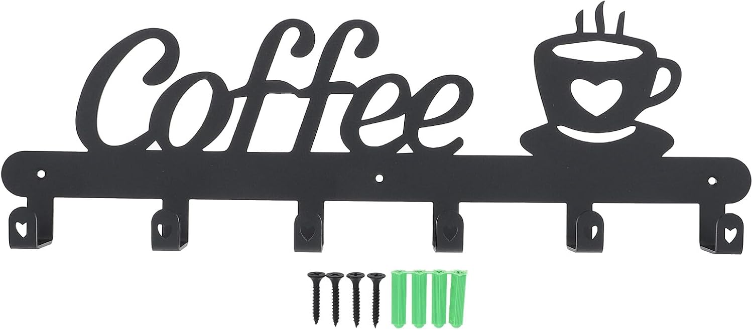 Wall-Mounted Metal Mug Organizer Rack with Multi Hooks for Kitchen Cup Storage and Drying Creative Coffee Theme Holder for Home Decor Gift for Coffee Lovers