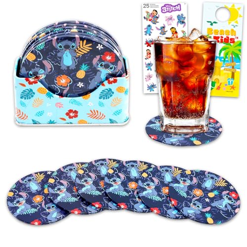 Stitch Coaster Set - Home Decor Bundle of 6 Disney Tin Coasters with Storage Container Plus Stickers, More | Stitch Coasters for Coffee Table