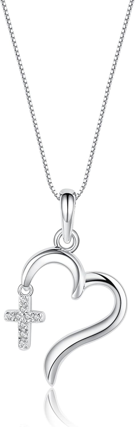 Cherished Moments Girl's 925 Sterling Silver First Communion Gift Set Heart Necklace with Dangling Cross Accented with CZs on 14 Inch Chain with Matching Screw Back Earrings