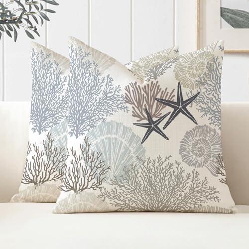Miuyunya Juego de 2 Fundas Cojines Exterior Impermeable 45X45 Decorativo Funda de cojíns de Poliéster Tema Oceánico Funda Cojin Caparazón Estrella de Mar Fundas para Almohadas para Sofás Patio