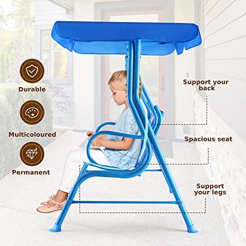 COSTWAY Kids Patio Swing, Garden Hammock Chair with Safety Belt and Adjustable Canopy, 2 Seats Outdoor Swings for Children (Blue)