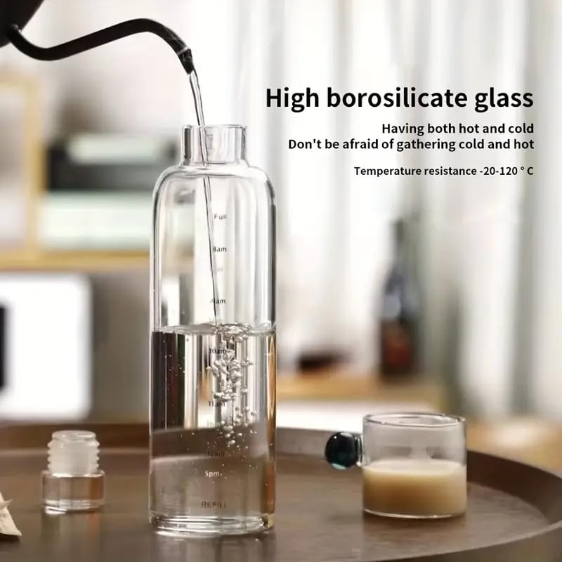 Image of Glass Borosilicate Water Bottles, H2O Fridge Water Bottle With Cap, Leak Proof & Airtight Lid, Water Bottle For Office, School, College - 1000ML Bottles With Time Marker (White 1000ML)