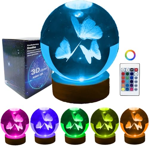Gutsyluv Luz nocturna de bola de cristal 3D con base de madera LED de 16 colores con control remoto, luz nocturna de bola de cristal K9 de 3.15 pulgadas, lámpara holográfica de grabado láser 3D