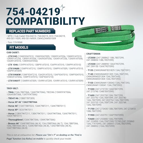 Image of [Upgraded Grip120] BlueStars 754-04219 954-04219 Mower Deck Belt 1 /2x103.4 | Deck Belt for 46 Inch Deck Cub Cadet LTX 1045 LTX 1046 Troy Bilt Horse XP Bronco Craftsman T1600 T140 Aramid Cord