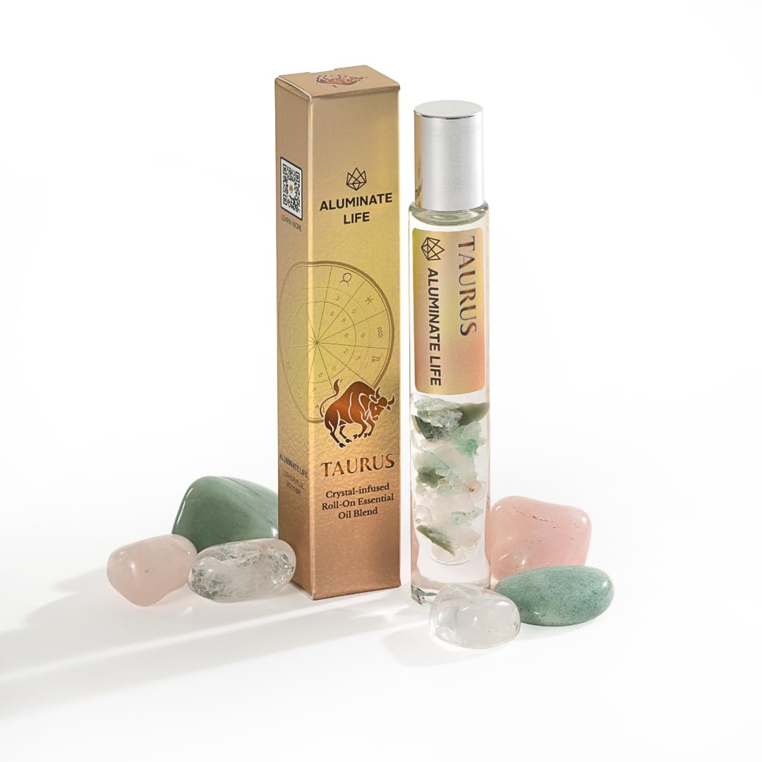 Taurus Zodiac Crystal-Infused Essential Oil Rollerball, Aromatherapy Blend - Calm & Grounding, Premium Astrology Sign Birthday Gift, Natural Therapeutic Roller, 10 mL