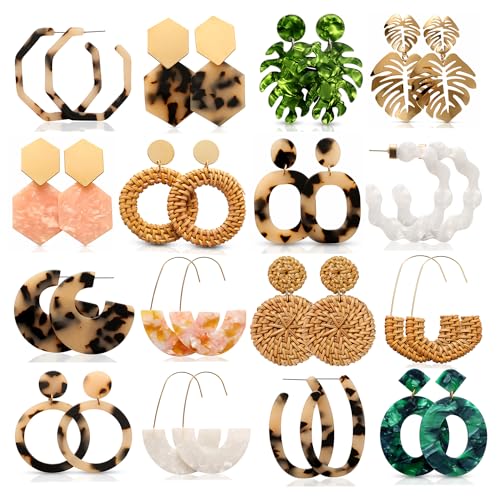 LANTAI 16 Pairs Trendy Statement Acrylic Rattan Earrings for Women-Fashion Summer Beach Vacation Boho Jewelry Set