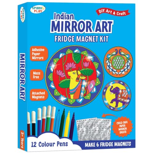Image of SparkLPlay DIY Indian Mirror Art for Kids. Coloring Set with - 6 Magnetic Cutouts,12 Color Pens & 100+ Mirror Stickers. Creative Art & Craft. Mess Free. Gifts for Kids.