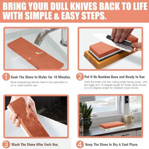 Image of Knife Sharpening Stone Set, Professional Whetstone 4 Side Grit 400 /1000 3000 /8000, Whetstone Knife Sharpener Stone Set Include Non-Slip Base, Leather Strop, Flattening Stone & Angle Guide
