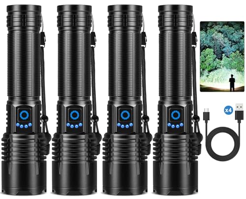 Image of Flashlight Rechargeable 4 Pack, LED Flashlights High Lumens, 99,000 Lumen Super Bright FlashLights, 5 Modes Adjustable Powerful Handheld Flash Light for Home, Outdoor, Waterproof