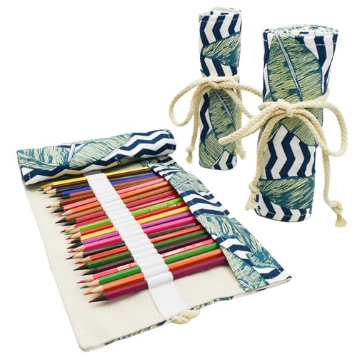 Image of Palm Leaves Canvas Pencil Wrap Case Colored Roll Up Holders Coloring Pencil Organizers for Artist Adult Travel Sketch Storage With 48 Slots(Selva)