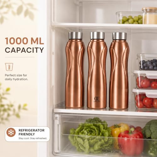 Image of Omichef Stainless Steel Water Bottle 1L (Pack of 6) | Copper Finish | Fridge Safe, Leak Proof, BPA Free | Ideal for Home, Office, School & Gym