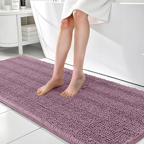 Image of OLANLY Thick Bathroom Runner Rugs 70x24, Absorbent Chenille Striped Bath Rugs, Rubber Backing, Machine Wash, Extra Long Bath Mats for Bathroom Floor, Tub and Shower, Home Decor Accessories, Deep Plum