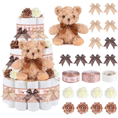 23 Pcs Diaper Cake Kit Baby Shower Bear Diaper Cake Decorations Baby Shower Diaper Cake Supplies Teddy Bear Diaper Cake Set for Birthday Party Supplies Table Centerpiece Decoration
