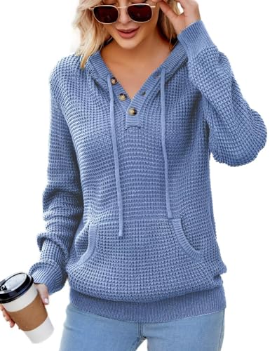 Image of VIMPUNEC Womens Fall Hoodie Sweater Long Sleeve Hooded Top with Pocket | V Neck, Button, Adjustable Drawstring, Waffle Knit, Loose Fit, Ribbed, Kangaroo Pocket