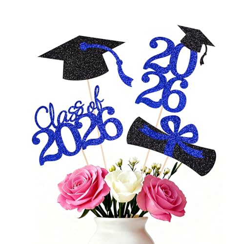 16 PCS Graduation Cake Toppers – Blue Class of 2026 Centerpieces Picks for Graduation Theme Party Decorations Supply