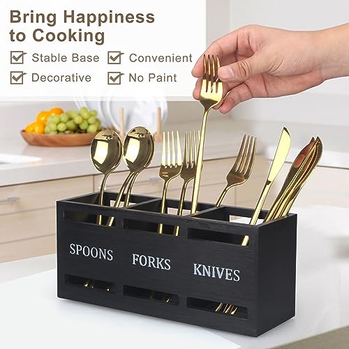 Ayiaren CUTLERY HOLDER Wood Silverware Organizer Containers Black Kitchen Utensil Holder For Countertop Spoon And Fork Holder Flatware Utensils Caddy thumb #1