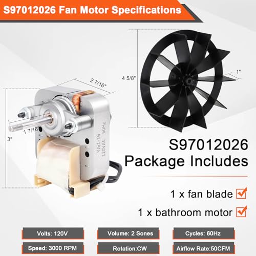 Image of 688-K /688-J 50CFM Fan, S97012026 Replacement Motor for Nutone Broan 688-K, 688-J, 688-H, 688-G, 663-H, 688K, 688J, 688H, 688G, 663H, 663G, Bathroom Exhaust Fan Motor 696N-R02 B Unit, 695-R03 B Unit.