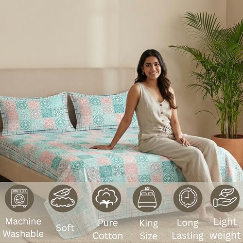 Image of Mafatlal 144 TC Sanskriti Cotton King Bedsheet | 90 x 108 Inches | Soft & Skin-Friendly | Handcrafted Jaipuri Print | 2 Pillow Covers | Light Blue