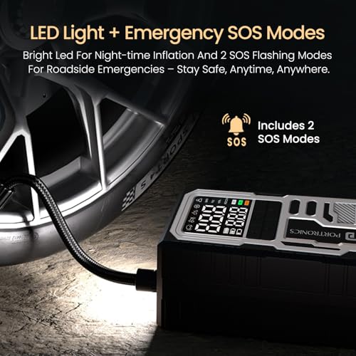 Image of Portronics Vayu 10 Type-C Rechargeable Tyre Inflator, 2 x2000 mAh Batteries, Digital Display, 150 PSI, Preset Modes, Flashlight with SOS, Pressure Detection, for Cars, Bikes, Bicycles & Sport Balls