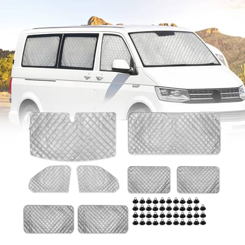 Auto Thermomatte Fahrerhaus Innen für VW T5 T6 LWB 8 Stück Frontscheibenabdeckung Thermorollo Set Sonnenschutz Frontscheibe Innen Verdunkelung Windschutzscheiben Schutz mit Aufbewahrungstasche (8PCS)