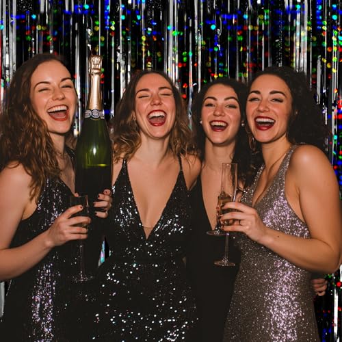 Image of 4 Packs Black Foil Fringe Curtain, Glitter Metallic Tinsel Backdrop for Birthday, Wedding, Bridal Shower, Halloween, Gold and Black Party Decorations Supplies