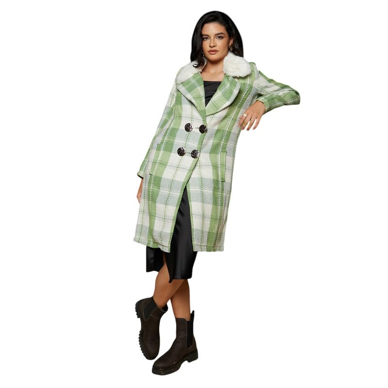 Image of Campus Sutra Women's Double-Breasted Fleece Long Coat For Casual Wear | Lapel Collar | Long Sleeve | Button Closure | Coat Crafted With Comfort Fit For Everyday Wear