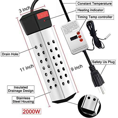 2000W Immersion Water Heater,Portable Electric 304 Stainless Heaters -Auto Shut-Off Timer For Above Ground Inflatable Pool Tub Buckets Motorhome Camping Outdoor,Heat 5 Gallons Water In Minutes #TOP1