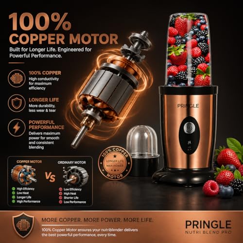 Image of Pringle High Speed Nutri Blender 600W 22000 RPM | 3-in-1 Grind Mix Blend | 100% Copper Motor | SS Blades | 2 Unbreakable Jars | Smoothie Maker | 2 Year Warranty | NB100 Pro | Copper