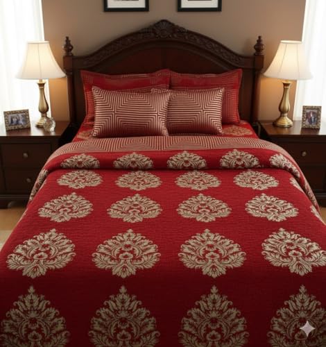 Image of Fresh from Loom Chenille 500 TC Double Bedsheet, Dimas Print Design with 2 Pillow Covers, Bedsheet Set for Bedroom Styling, Soft Touch Breathable Bedding, 90x100 Inches | Jhumka Maroon | Chenille