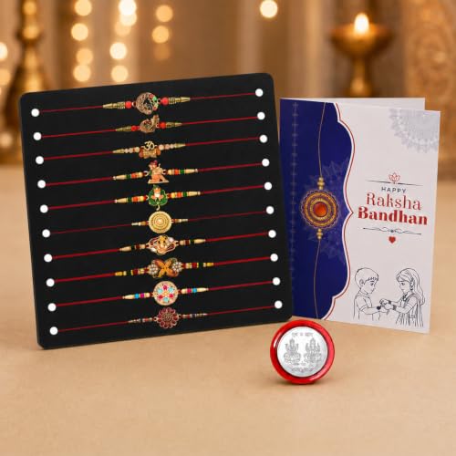 Image of Periapt Rakhi Gift Set for Brother & Bhabhi - Traditional Rakhis with Silver Coin & Greeting Card - Combo for Raksha Bandhan