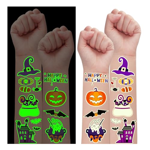 Leesgel Leuchtende Tattoo Kinder Halloween Deko, 300 Stile Halloween Skelett/Süßigkeit/Kürbis/Spinne Tattoo Aufkleber Halloween Geschenke Süßigkeiten Halloween Party Zubehör Geschenke Gastgeschenke
