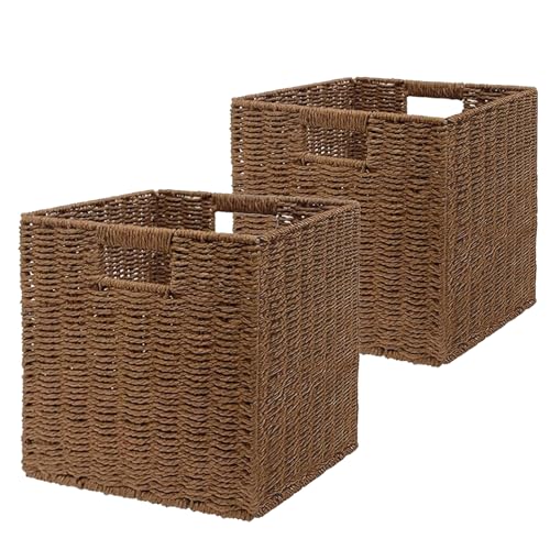 Aluusy 2 Cestas de Almacenaje, Cesta Mimbre Tejidas a Mano Cubo 28CM, Cesta Grande Plegable de Papel de Jacinto de Agua con Asas, Cesto Decorativo para Baño Estanterías Kallax Cocina Marrón