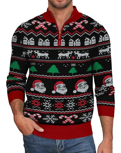 NITAGUT Mens Ugly Christmas Sweaters Funny Graphic Quarter Zip Sweaters Long Sleeve Knitted Pullover Sweaters