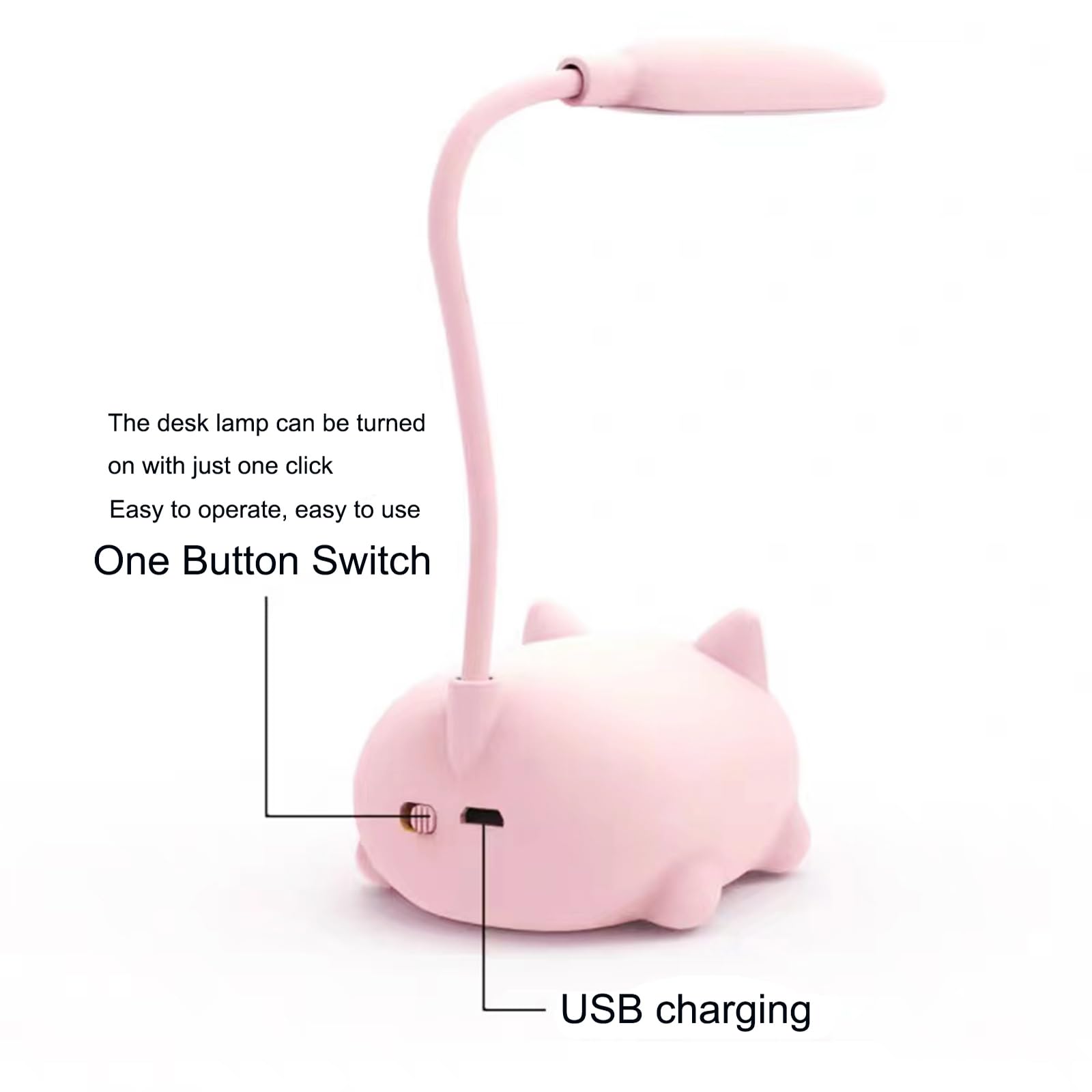 Neioaas Lámpara de escritorio LED para niños, bonita lámpara de gato recargable por USB, luz de mesa LED portátil, cuello de cisne flexible, dibujos animados, pequeña lámpara de escritorio para niñas