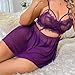 Women's Plus Size Lingerie Dress Fashion Sheer Lace Halter with Matching Gloves Nightgown Simulation Silk（Purple，X-Large)