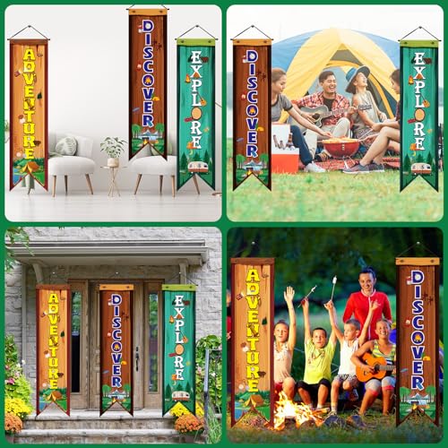 Image of Chiisong 3 Pcs Camping Banners Party Decorations Camping Porch Sign Camper Adventure Door Banners Wall Decor for Camper Adventure Theme Birthday Celebrating Baby Shower Classroom Decorations