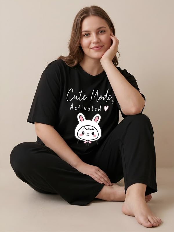 Image of My Swag Womens Nightsuit Set | Cute Bunny Graphic Print T-Shirt & Pajama | Soft Breathable Sleepwear and Loungewear Co-Ord Set for Women