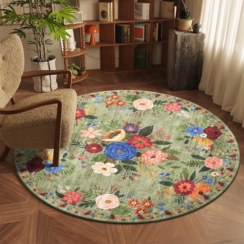 BYBSRLL Alfombra Redonda Boho de 120 cm, Lavable a Máquina y Antideslizante. de Pelo Corto y Suave con Motivos Florales, Ideal para Salón, Dormitorio, Cocina, Cuarto Infantil, Oficina o Entrada