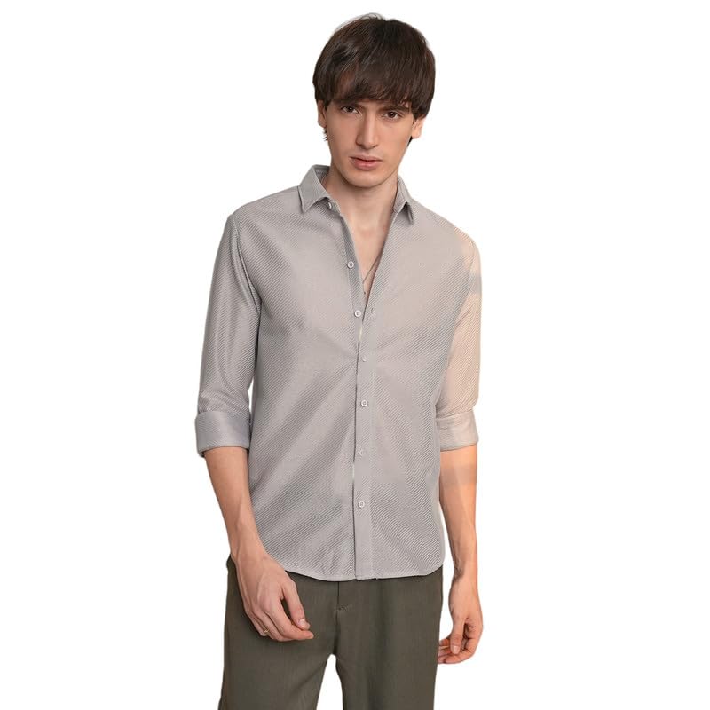 Image of CAHOOT Men's Veined-Textured Shirt | Casual Wear | Spread Collar | Long Sleeve | Button Closure | Shirt Crafted with Comfort Fit for Everyday Wear