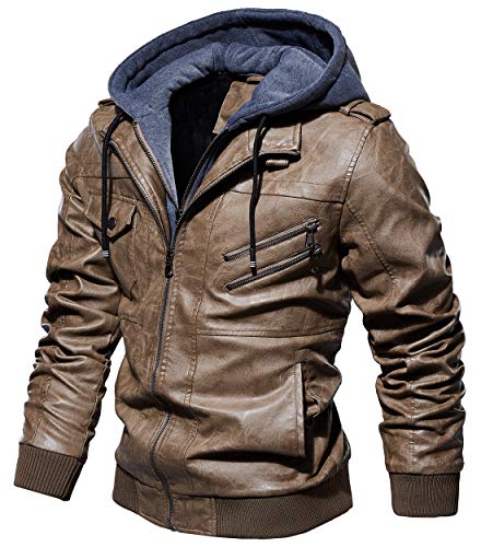 chouyatou Men's Vintage Removable Hooded Slim Motorcycle Faux Leather Bomber Jacket2
