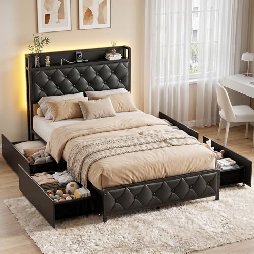 LegacyAmerhome Twin Bed Frame with Button Headboard, PU Leather, All-Metal Support Platform LED Light Strip Twin Bed with Storage and Charge Station, Easy to Install, Stable, Noise-Free (Black)