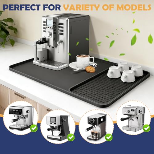 Raxfekro Silikonmatte Kaffeemaschine Unterlage 2-in-1 mit Abtropfmatte, 60x40cm Hitzebeständige rutschfeste Unterlage für Kaffeemaschine und Küche, Schwarz mit Konvexem Rand & 40x19 cm Abtropfmatte