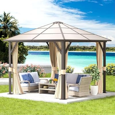 Aoxun 10FT x 10FT Gazebo Single Polycarbonate Top, Outdoor Polycarbonate Frame Permanent Gazebo with Curtains and Netting, for Patios, Parties, Backyards, Gardens and Lawns…