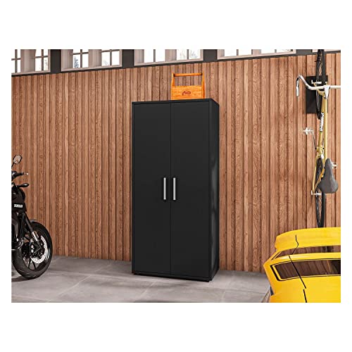 Image of Manhattan Comfort Eiffel 73.43 inch Tall Garage Cabinet with 4 Adjustable Shelves, Soft Close Doors and Stainless Steel Legs, Wooden Storage for Kitchen Pantry, Office, Laundry and Shop, Black Matte