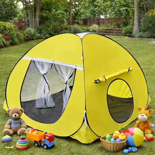 Image of Foldable Play Tent House Big SizelPop-Up Indoor & Outdoor Playhouse for Girls Boys| Multi Purpose Tent House for Kids Boys 3 to 10 Years with Fun Patterns Easy Setup & Portable (Yellow)