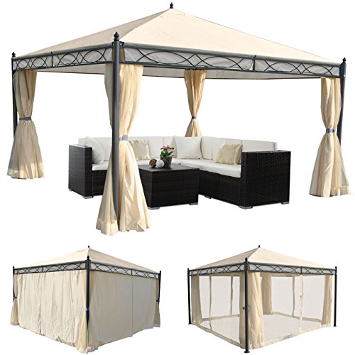 Mendler Gazebo pergola baldacchino Moderno Elegante Cadice Acciaio Poliestere 4x4m Avorio con Tende e zanzariere
