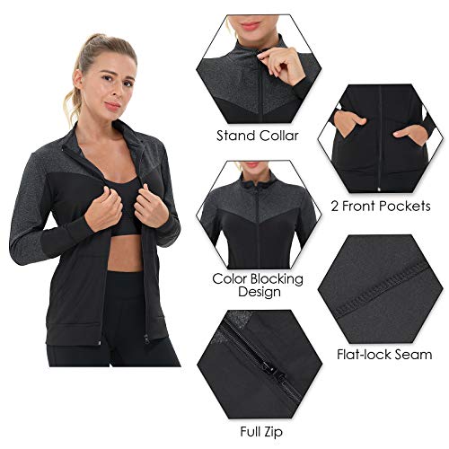 AMZSPORT Chaqueta Deportiva Mujer, Sudaderas de Running Ligeras con Bolsillos Negro S - imagen 4