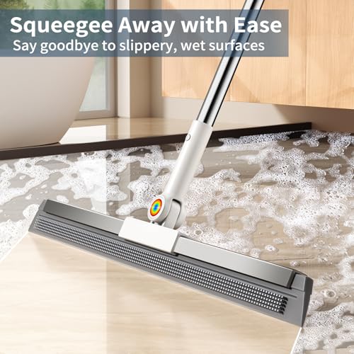 Image of Floor Squeegee for Concrete Floor, Squeegee for Floor with 180 Rotating Head & 63 inch Long Handle, Garage Squeegee Broom for Epoxy Floor, Pet Hair, Water Removal, Bathroom Tile, Shower Glass, Carpet