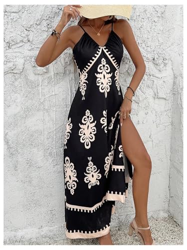 Image of Floerns Women's Boho Print V Neck Split Cami Dress Sleeveless Vacation A Line Maxi Dresses